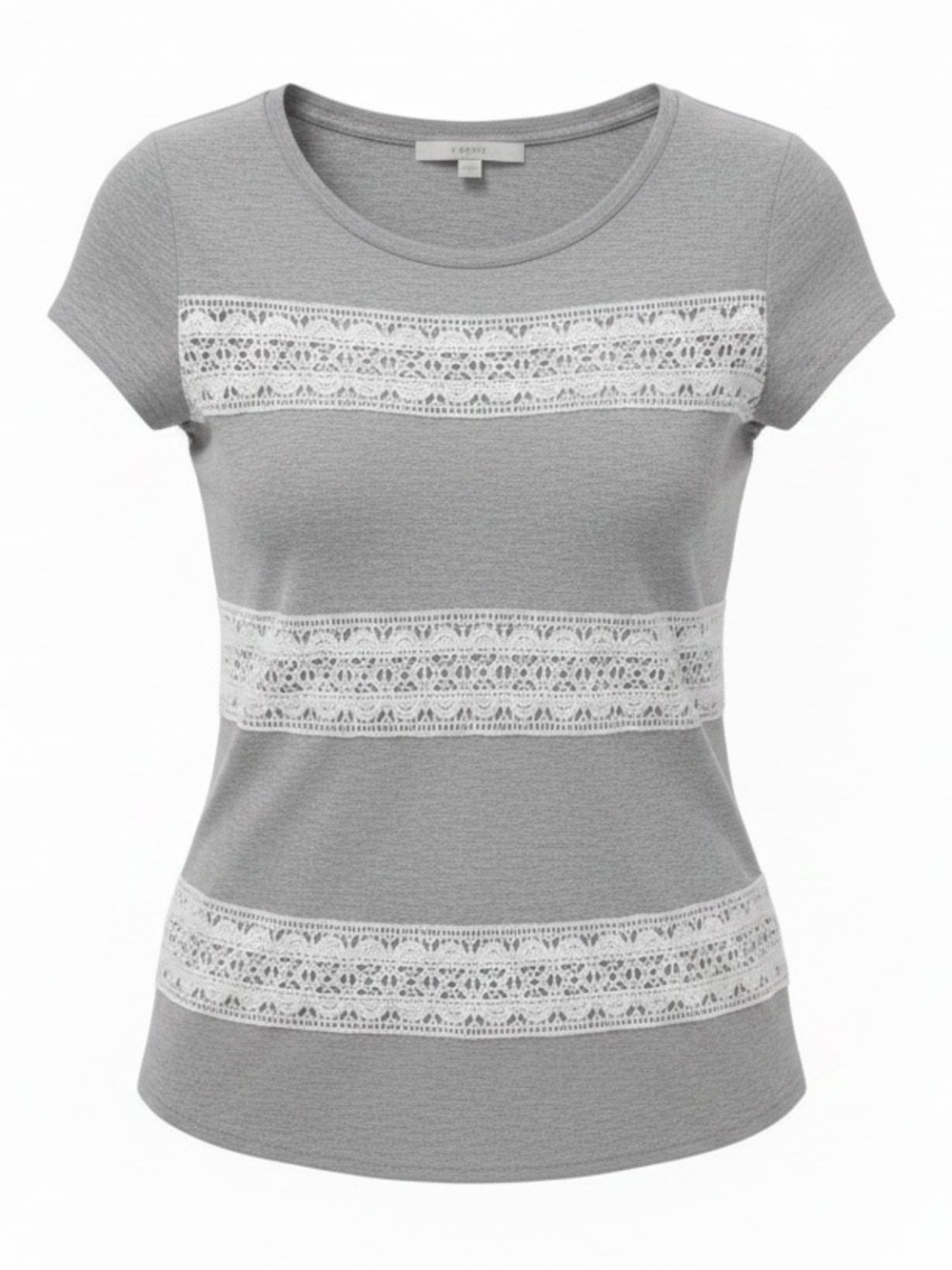 LOFT Gray Short Sleeve Knit Top with White Lace Stripes
